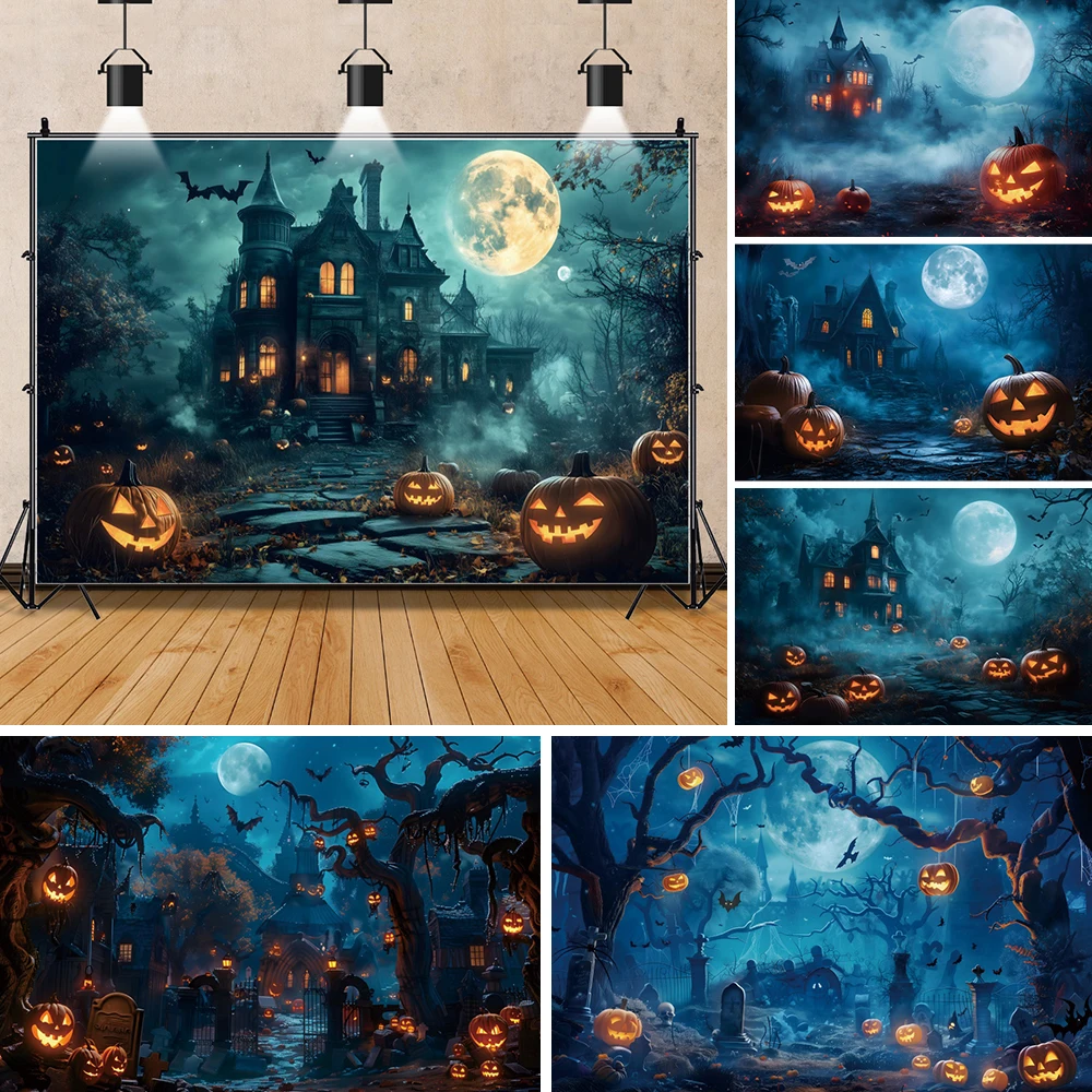 Spooky Castle Halloween Photography Background Pumpkin Kids Birthday Decoration Outdoor Cake Table Banner Photo Booth Backdrop