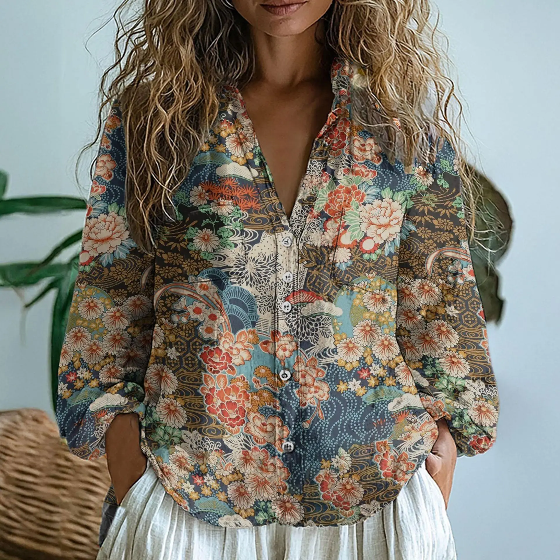 Tissu en lin exquis pour femmes, col irt imprimé, coupe ample, décontracté, Long, en Fiber de Polyester, sans fer