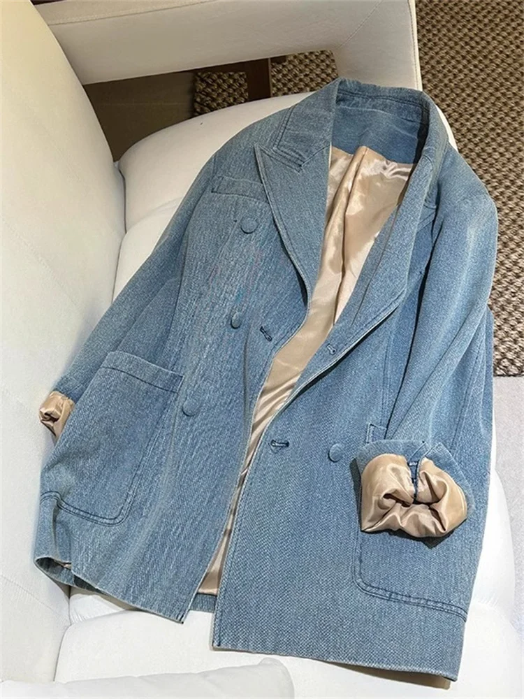 Jaqueta Masculina Azul Solta Estilo Coreano Casual Versátil de Outono Inverno com Toque Sofisticado para Combinar com Todos os Jeans