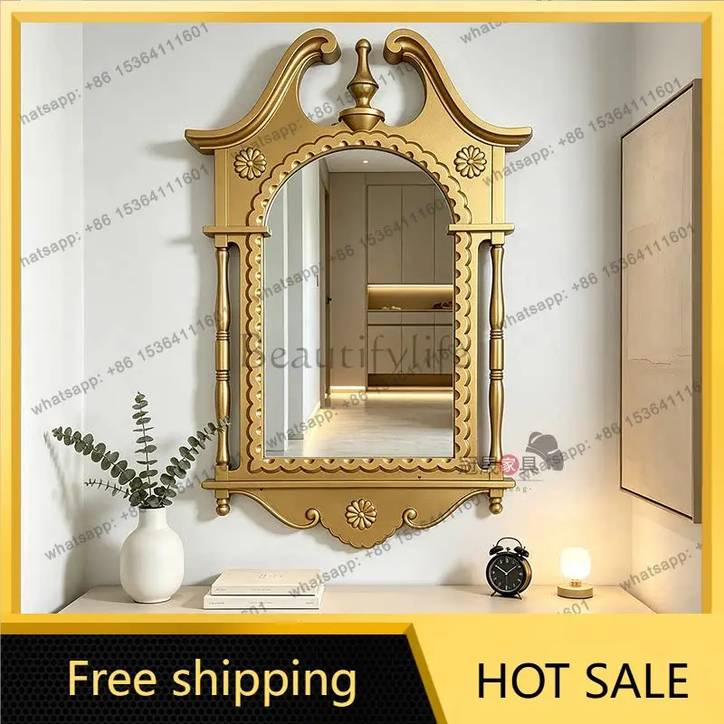 French retro bedroom makeup mirror wall-mounted bathroom carved European living room luxury decorative mirror