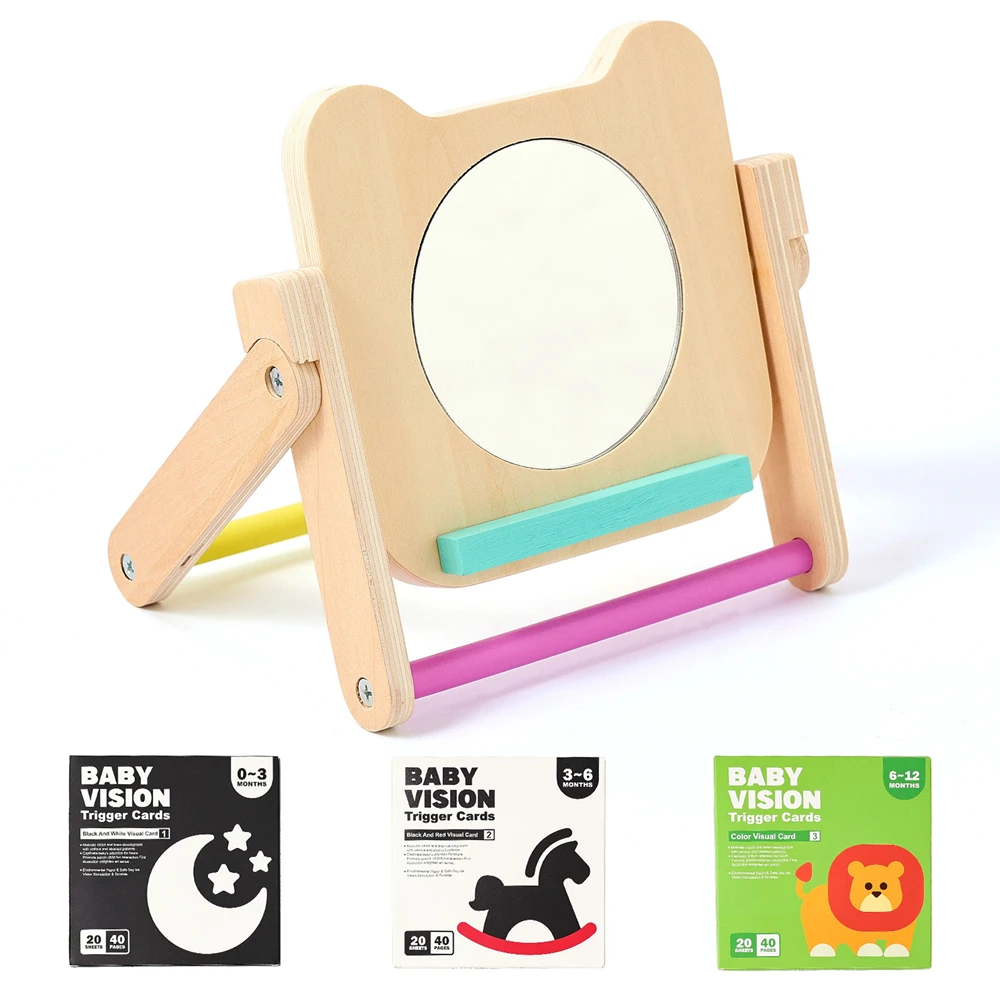 Montessori Wooden Mirror Baby Self-awareness And Visual Stimulation Sensory Development Mirror Toy Set Early Education Toy Gift