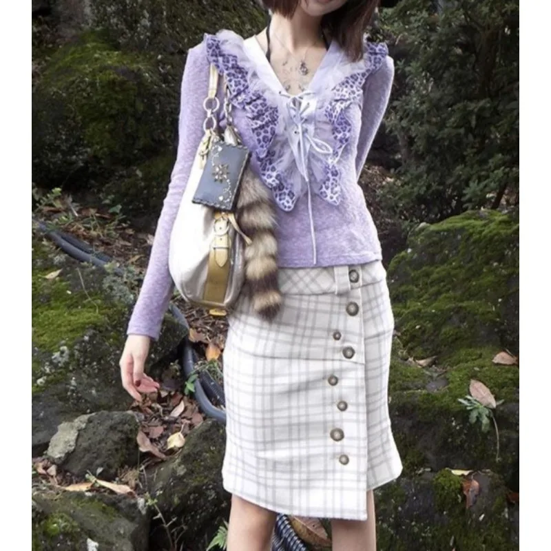 Purple Ruffled V-neck Knit for Women's Fall Multi-layer Lace-up Long Sleeve Base Shirt Slim Slim Hottie Top