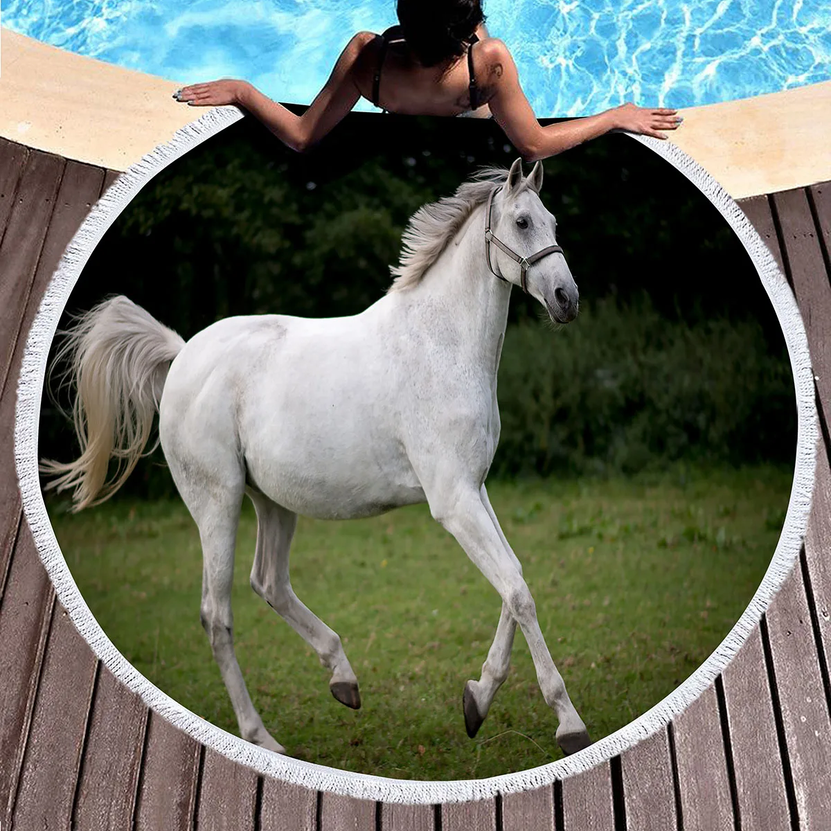 مزرعة الحيوان الحصان منشفة الشاطئ المستديرة، تشغيل الحصان بطانية شاطئ شال لينة ستوكات ماصة سريعة الجافة منشفة حمام السباحة نزهة الحصير #5