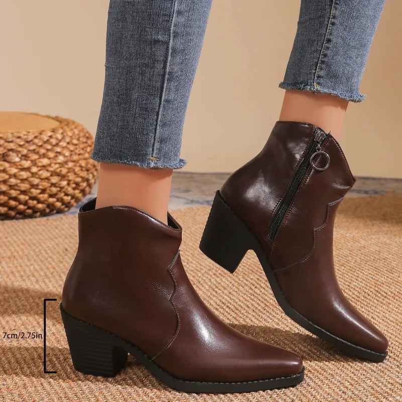 2024 겨울 새로운 패션 서부 카우보이 발목 부츠 여성 캐주얼 플랫폼 지적 발가락 디자이너 슬립 온 하이힐 여성 신발