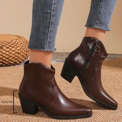 2024 Winter New Fashion Western Cowboy Ankle Boots Female Casual Platform Pointed Toe Designer Slip-On High Heels Women’s Shoes