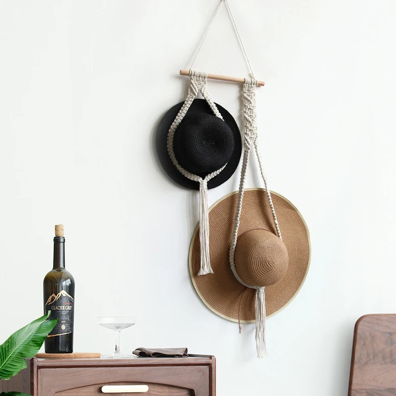 Bohemia Boho Cotton Rope Hanging Hat Display Rack Storage Cap Holder Organizer Scarf Hanger Macrame Tapestry Home Wall Decor