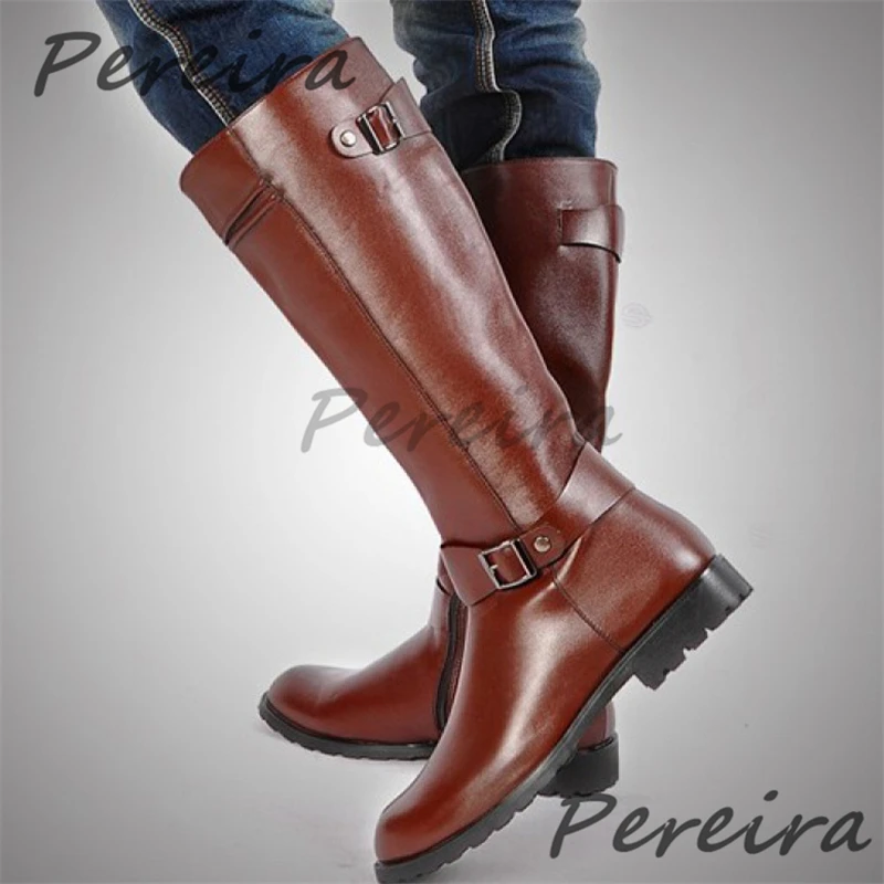 Autumn Winter Retro Knee High Boots for Men British Style Leather Belt Buckle Zipper Knight Boots Outdoor Men's Shoes Plus Size