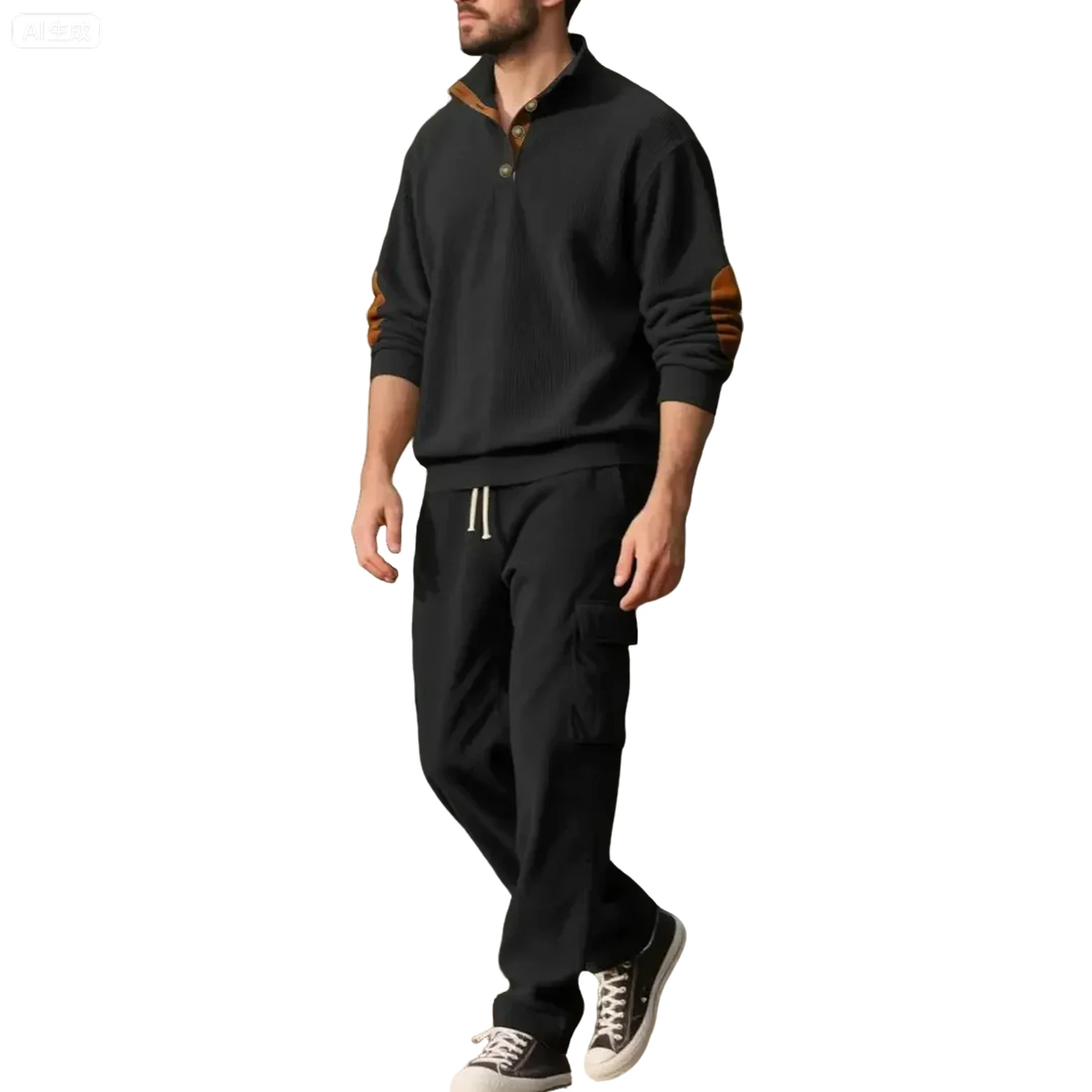 Męski kombinezon ze sztruksu ze stójką, zapinany na zamek, męski jesienno-zimowy ciepły, luźny, pluszowy, gruby kombinezon z kapturem i nadrukiem.