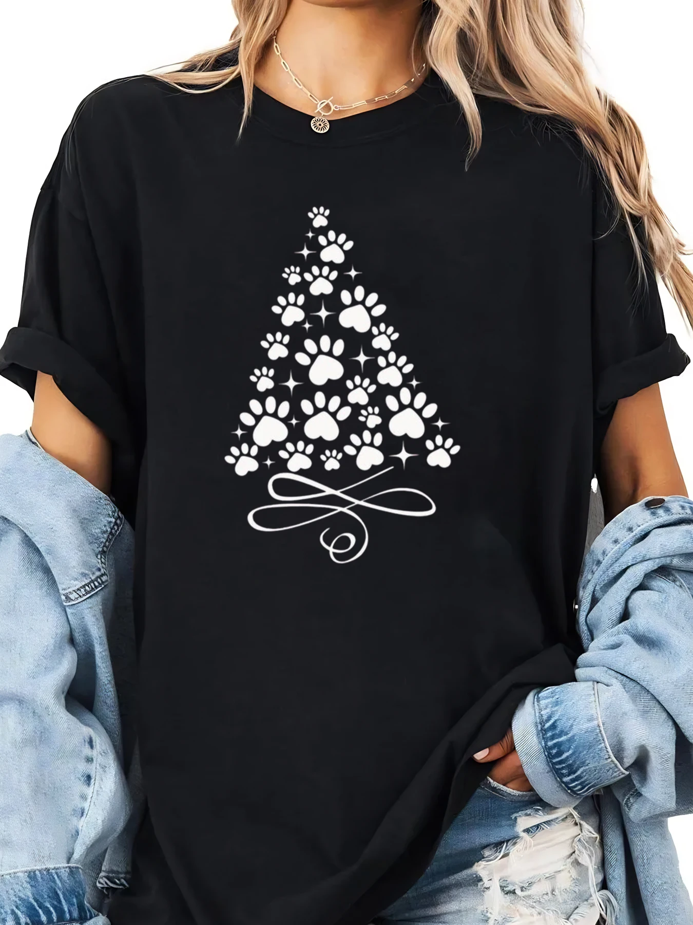 

Paw Print Christmas Tree Holiday T-Shirt Women Casual Wear Black Plus-size