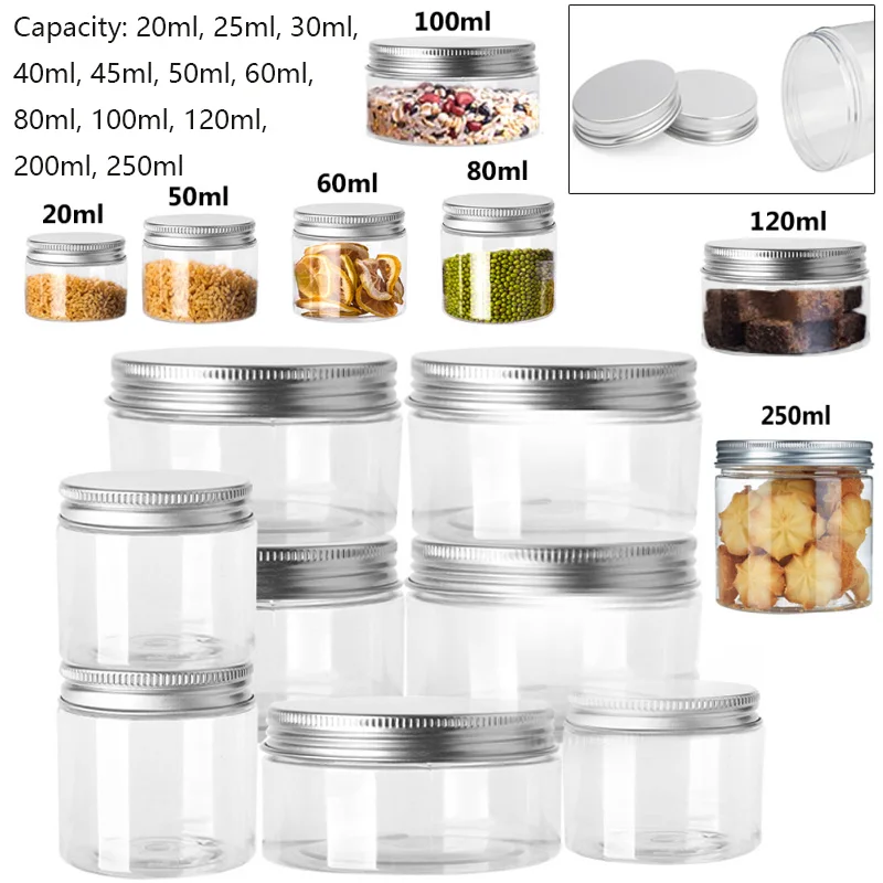 5 stücke 20 ml-250 ml PET Kunststoff Glas Mit Aluminium Deckel Schraube Container Leere Kosmetische Creme Pulver Make-Up lagerung Jar Topf Flasche – Detail 1