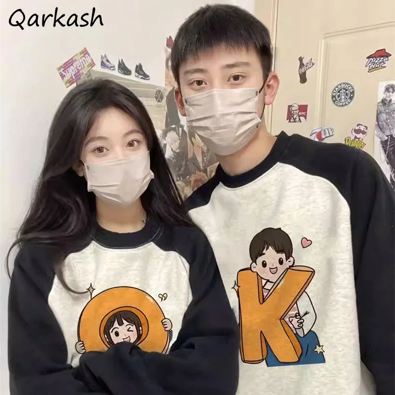 Lovely Chic Y2k Couple Sweatshirts Women Loose Cartoon Design Ulzzang Vintage Students Harajuku Panelled  O-neck Personality