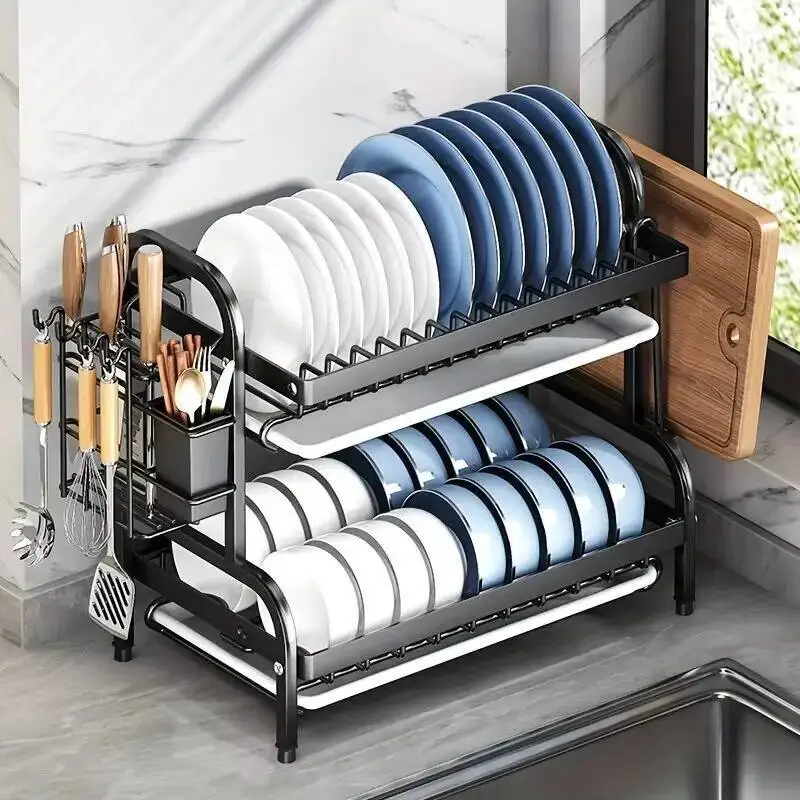 

Drying 2-Tier Compact Kitchen Rack Drainboard Set Large Rust-Proof Dish Drainer With Utensil Holder NEW 2025