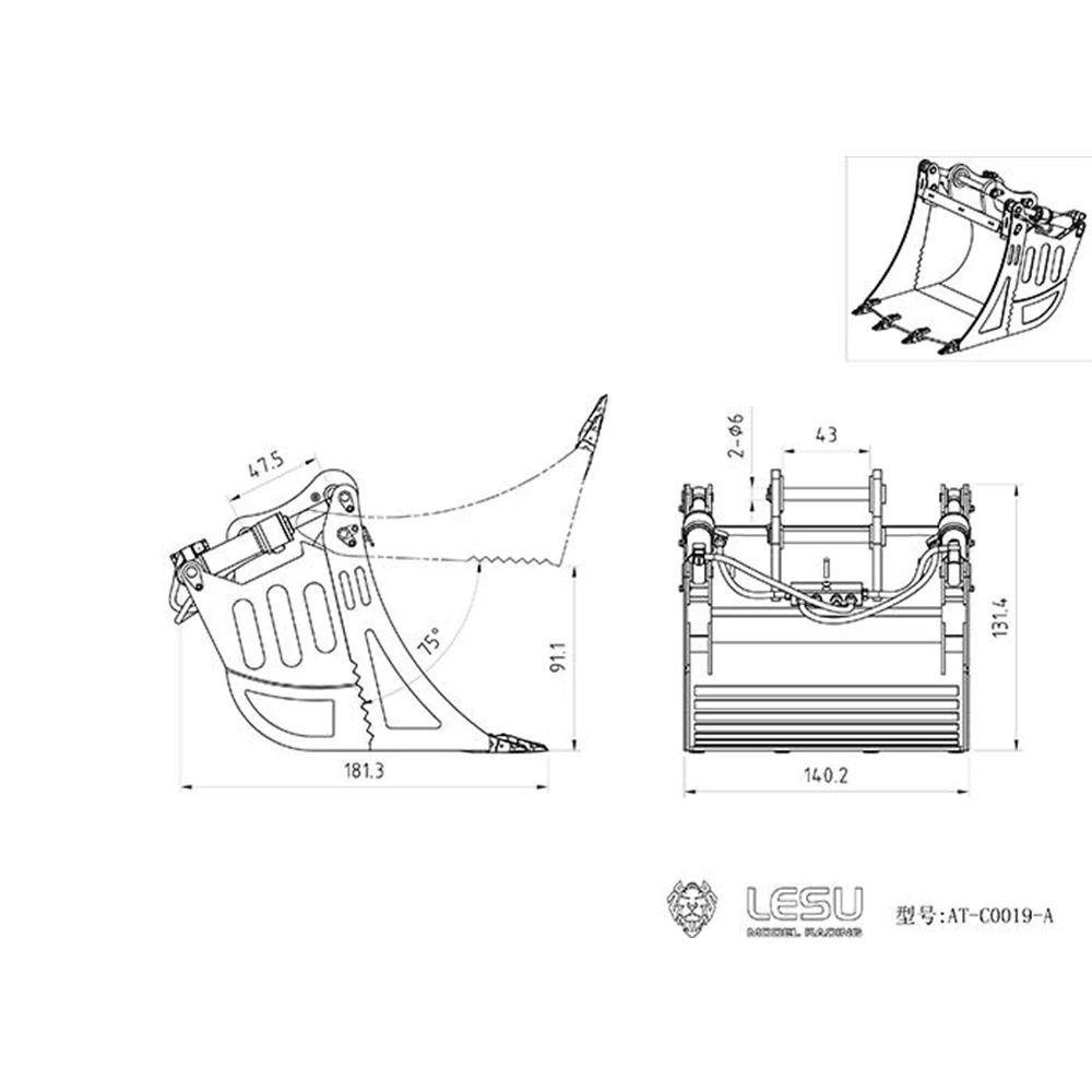 LESU AT-C0019-A hydraulic opening and closing bucket attachment, suitable for 1/14 excavator C374