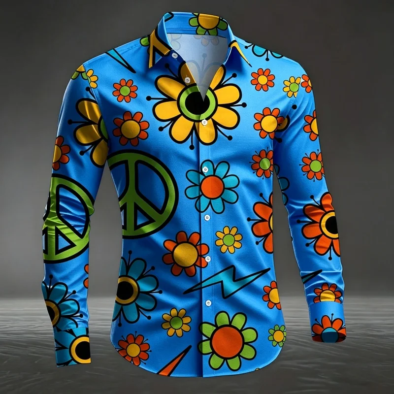 Heren wit hippie vredesteken bloemenprint overhemd met lange mouwen en knoopsluiting dagelijkse casual blouse tops