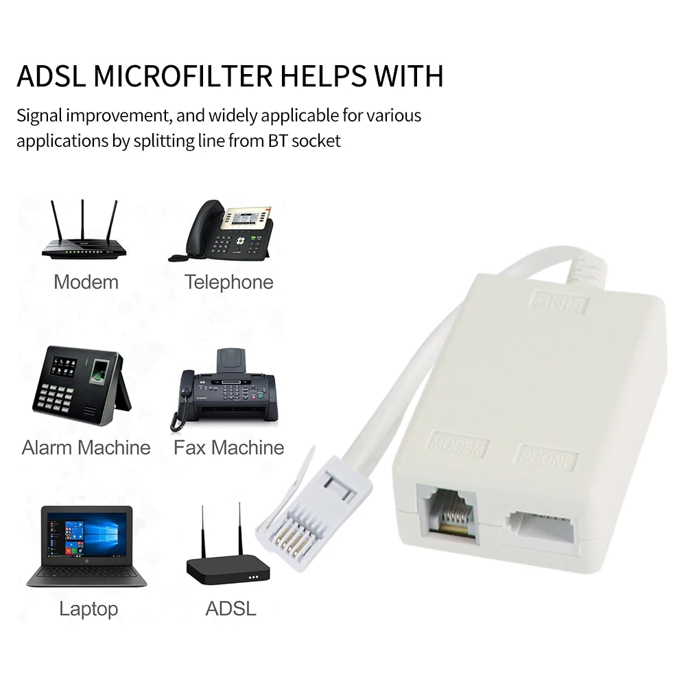 ADSL 6P4C UK Standard UK Voice Telephone Fax Machine Line Splitter with Cable UK BT Modem Broadband Filter