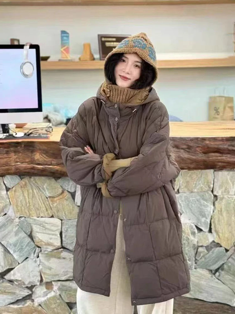 

Winter Hooded Mid Length Down Jacket Female Thick Warm Patchwork Jackets Women White Duck Down Single Breasted Parker Outwears