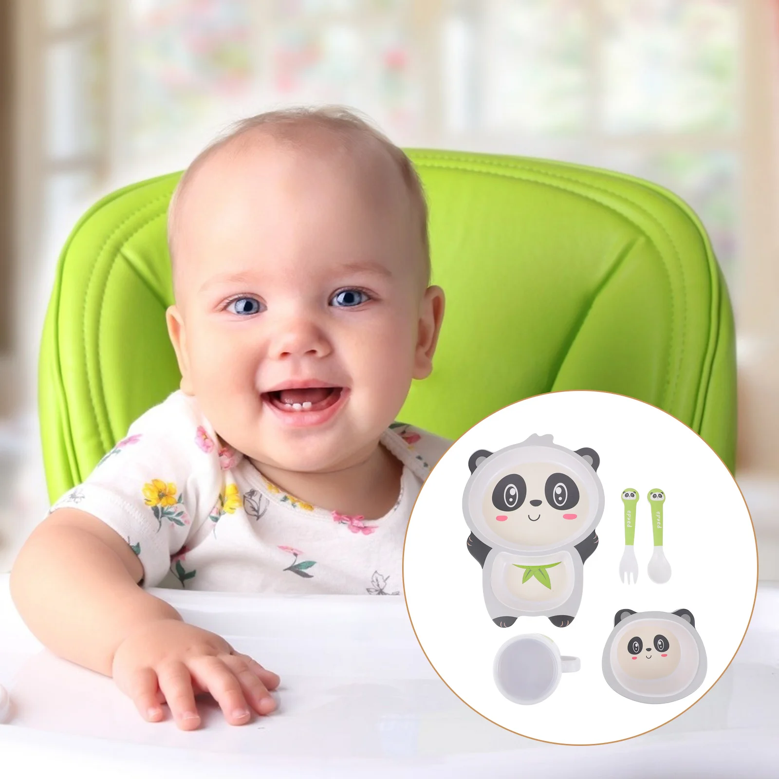 

5pcs Children Tableware Bamboo Fiber Food Plate Bowl Spoon Fork Cup Compartment Design Toddler Dish Set Kids Dining Supplies