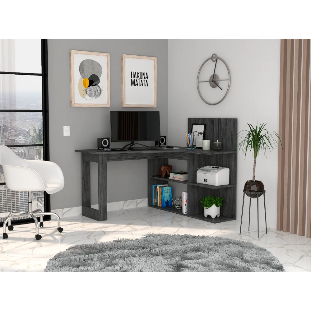 

Masai Writing Computer Desk, Five Open Shelves -Smokey Oak