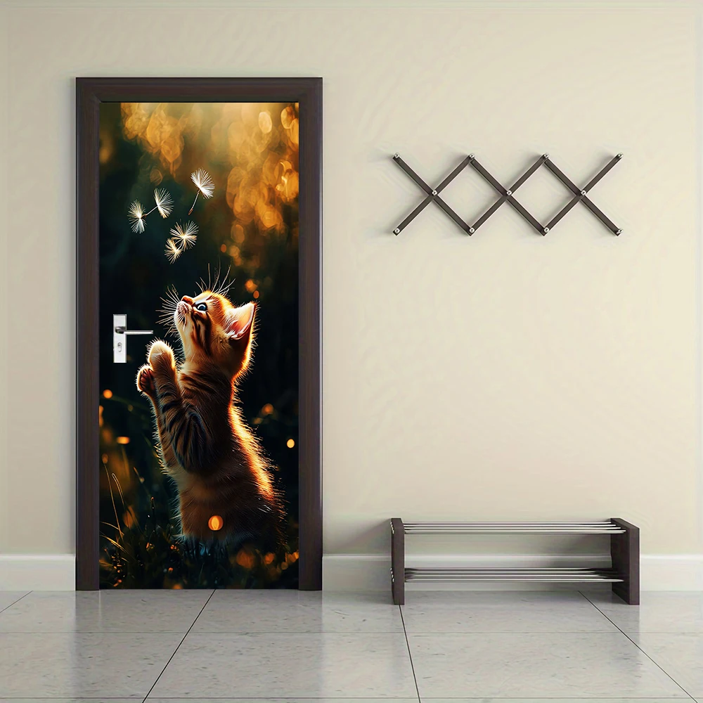 1pcs Self Adhesive Removable Vinyl Door Stickers Cute Orange Cat under Sunlight Door Stickers Cartoon Animal Dandelion Creative