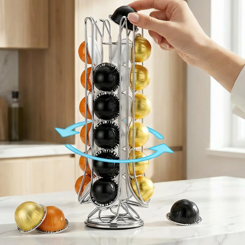 Carrusel para Cápsulas de Café con Capacidad para 24 Unidades, 360 Grados °   Organizador Giratorio de Metal para Cápsulas de Café, Almacenamiento para Encimera, Compatible con Nespresso Vertuo