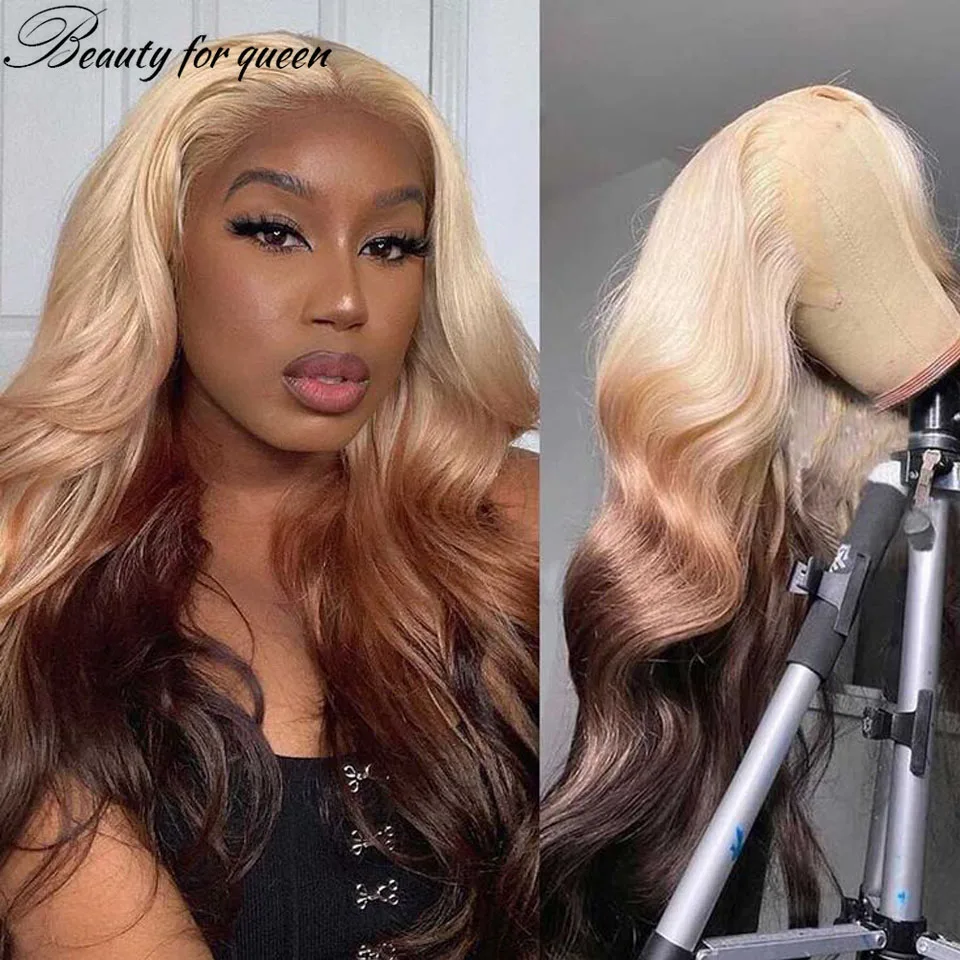 

High Quality Brazilian Colored Human Hair Wig Transparent Lace Front Wigs 13x4 180 Density Ombre 613 Brown Body Wave For Women