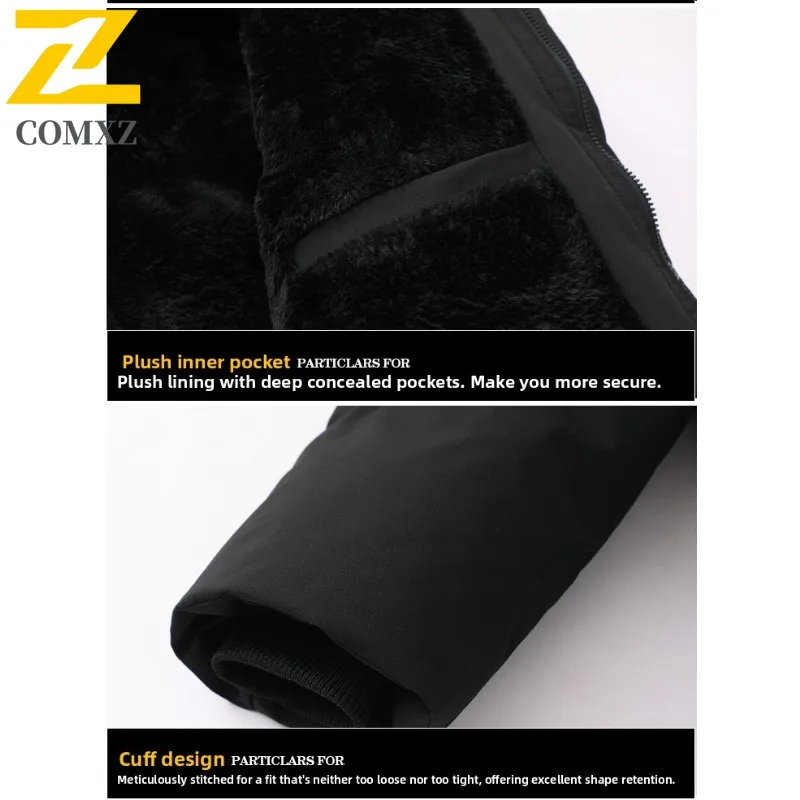 COMXZ الفاخرة الحشو مقنعين منتصف طول الراقية العلامة التجارية السفر يندبروف وسادة مبطنة 2025 الأعمال الحد الأدنى الرجال الشتاء سترة