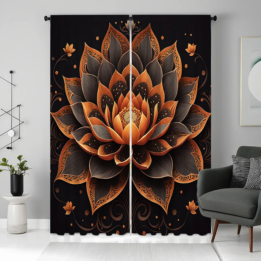 2pcs Orange and Black Lotus Curtains – Home Decor Style Rod-Pocket Curtains for Living Room Bedroom and Study Windows