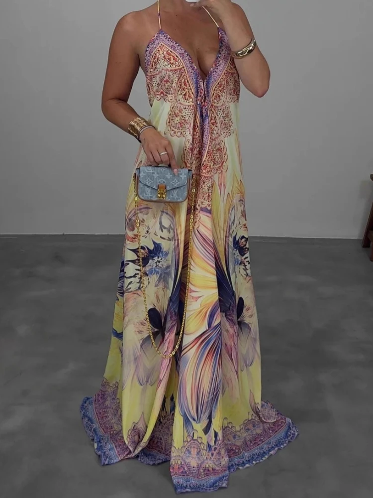 Lässiges Abendkleid mit hoher Taille, sexy V-Ausschnitt, rückenfrei, ärmellos, Urlaubskleid, elegantes, böhmisches, bedrucktes, lockeres Damenkleid