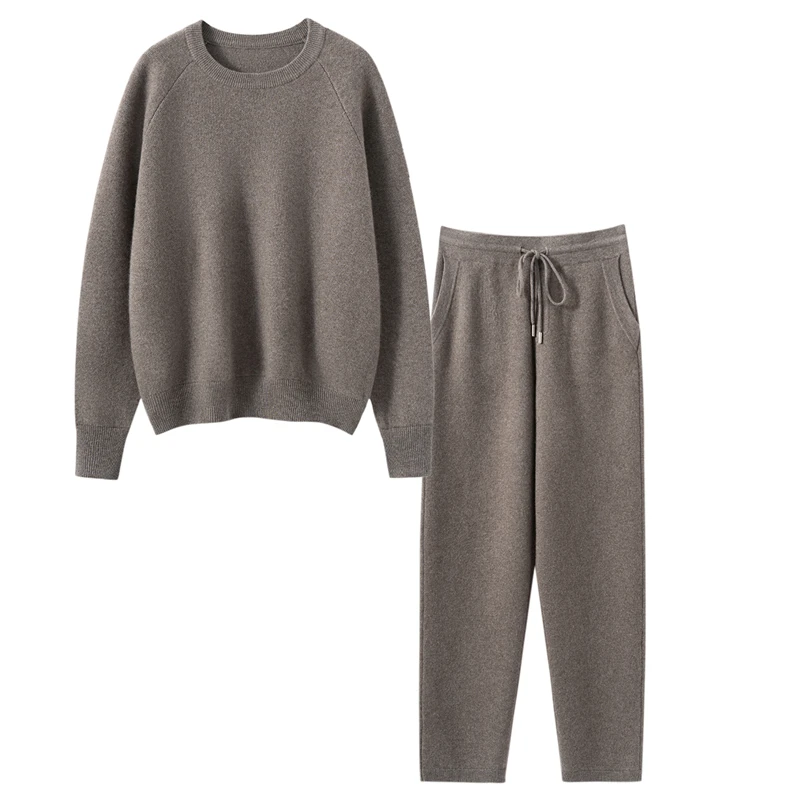 Autumn Winter Women New Pure Cashmere Suit O-neck Pullover Sweater High Waisted Ankle-Length Pants Two-piece Set High Quality