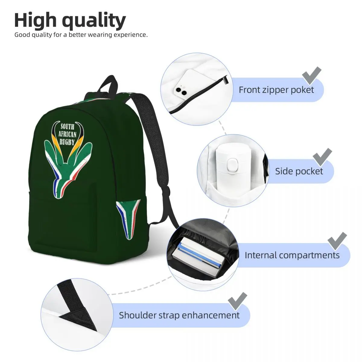 Springbok Face South Africa Student Backpack School Bag Hiking Travel Daypack for Men Women Fashion Bookbag Shoulder Bags