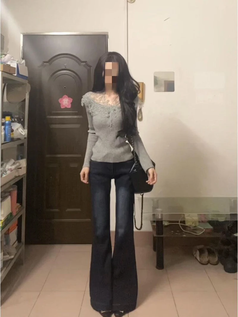 

Korean Sle Knitted Sweater Women's Slim Fit Lace Splice One oulder Top Breathable Casual Long Sve ort Length