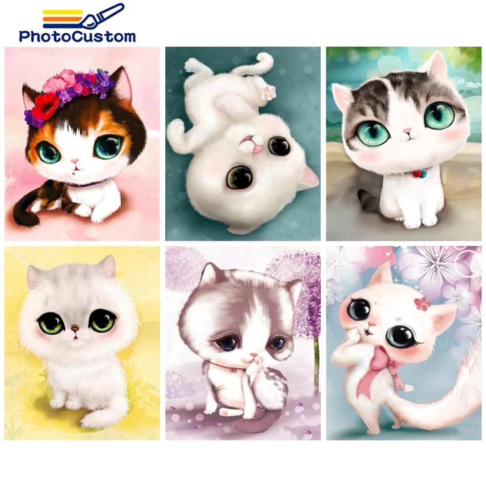 

PhotoCustom 5D Diy Diamond Painting Cute Cat Cross Stitch Kit Diamond Mosaic Animal Full Square Rhinestone Diamond Embroidery Ho