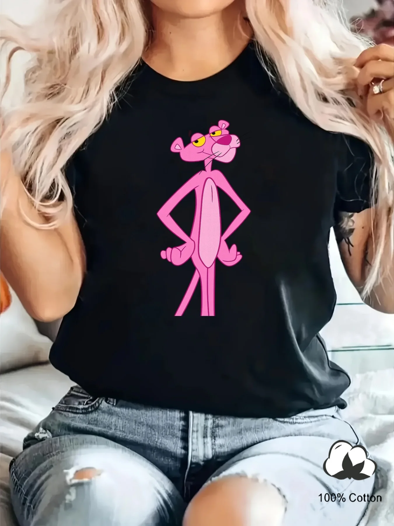 

Pink Panther Graphic Printing Summer, Autumn and Winter Pure Cotton Men's and Women's T-shirts Short Sleeves Luxury Outdoor