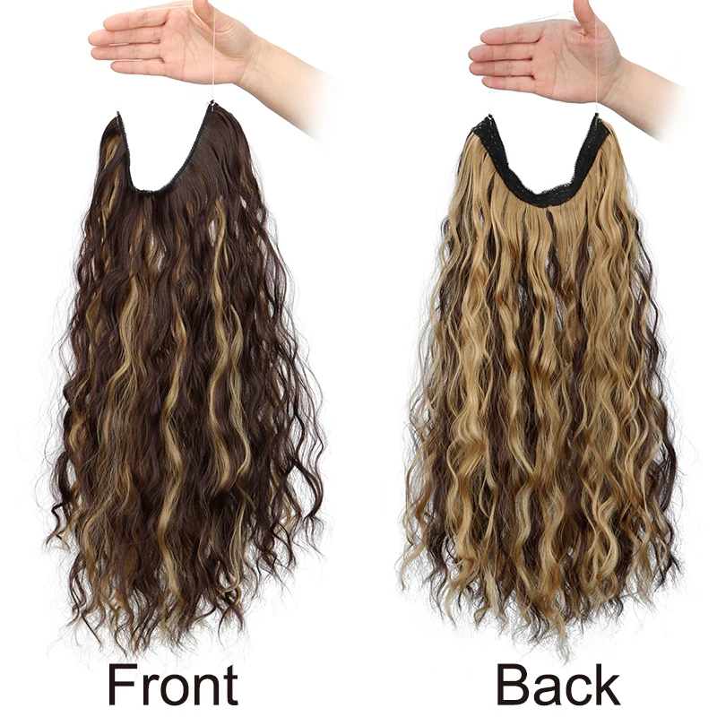 18Inch Synthetic Long Wave Curly Invisible Hair Extensions Fish Line Halo Hairpiece Heat Resistant For Women Daily Use - view 4
