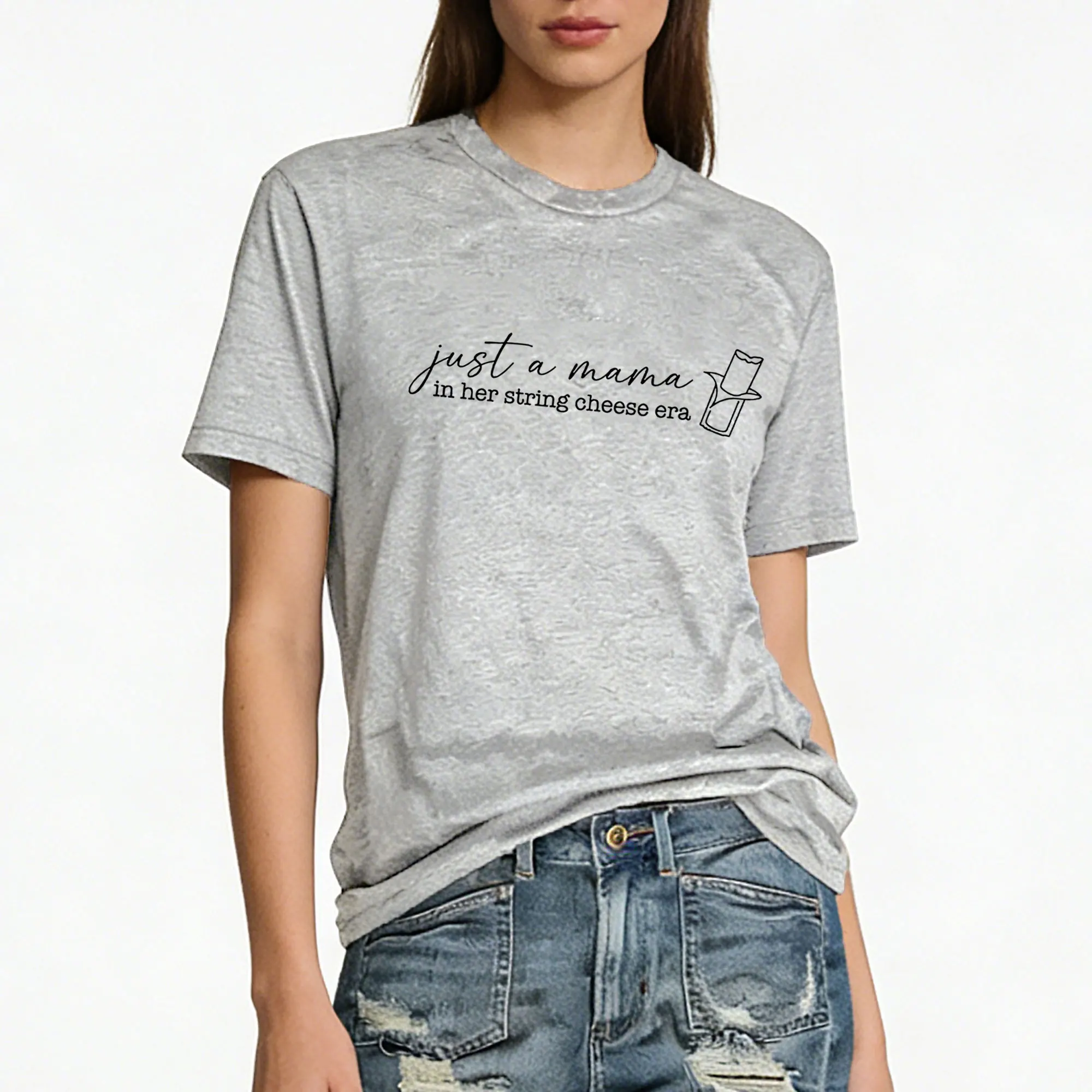 Just A Mama In Her String Cheese Era Funny Graphic T-Shirt, Mother's Day Shirt, Casual Short Sleeve Tee, Mom Life Tops