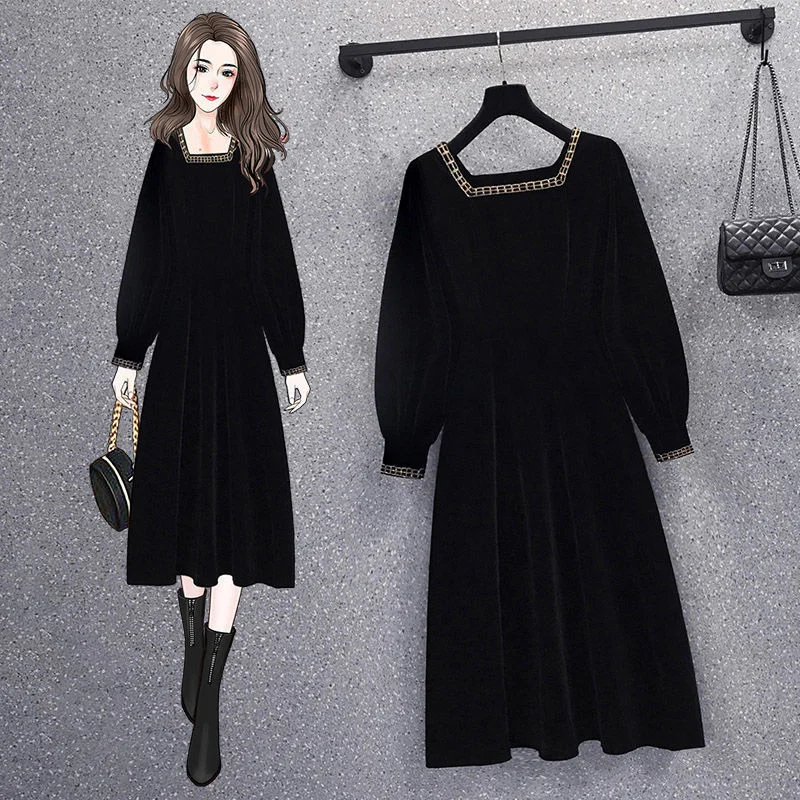 VIS Gold Blonde Neck Velvet Dress 2023 Autumn Large Waist Side Pull Celebrity Korean Style Hepburn Little Black Dress Elegant