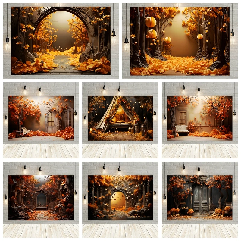 

AI Scene Autumn Backdrops Photography Golden Forest Pumpkin Castle Baby Shower Photo Photographic Wedding Party Decor Background