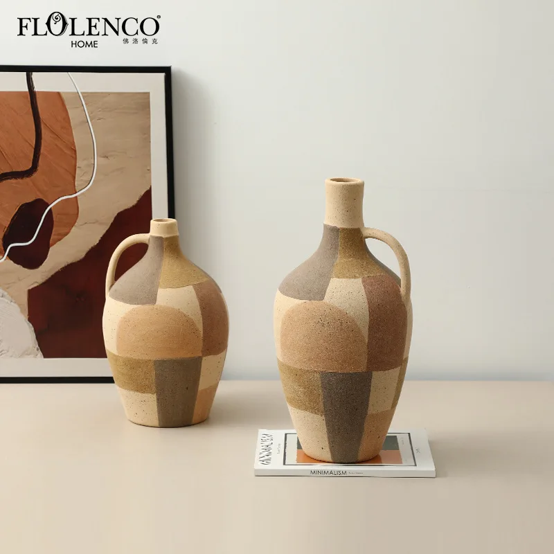 

Modern wabi sabi creative color matching handle ceramic vase model room restaurant wine cabinet advanced sense flower arrangeme