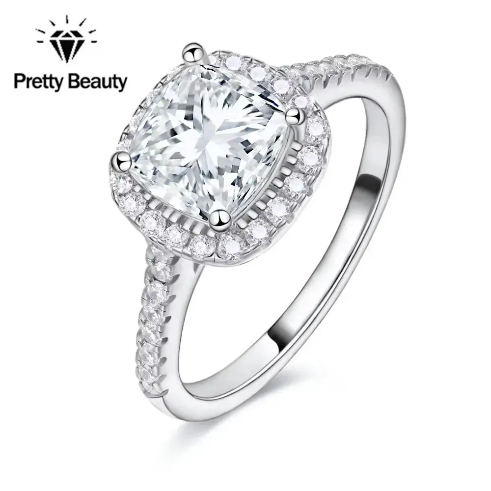 Pretty Beauty S925 Sterling Silver 2ct Cushion Cut Moissanite Engagement Ring for Women Halo Diamond Wedding Band Fine Jewelry