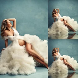 Luxury Prom Dresses Sexy High Side Split Photo Robes Lace Ruffled Tulle Evening Gowns Custom Sweep Train Special Occasion Wear