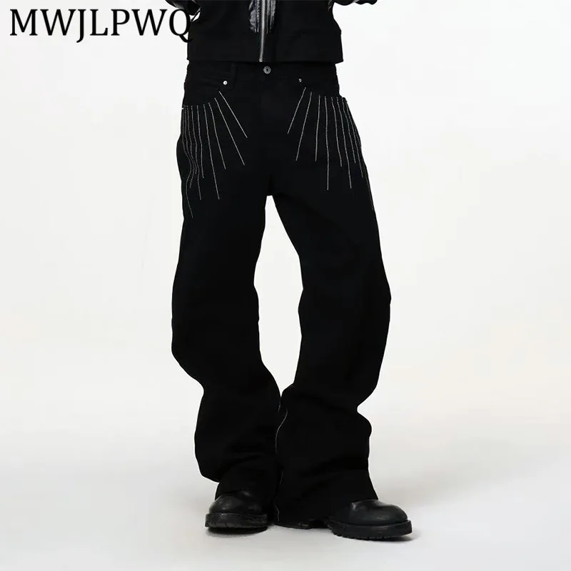 

MWJLPWQ Three-Dimensional Embroidered Stacked Curved Jeans For Men And Women Washed Slim Black Flared Trousers Spring 14620