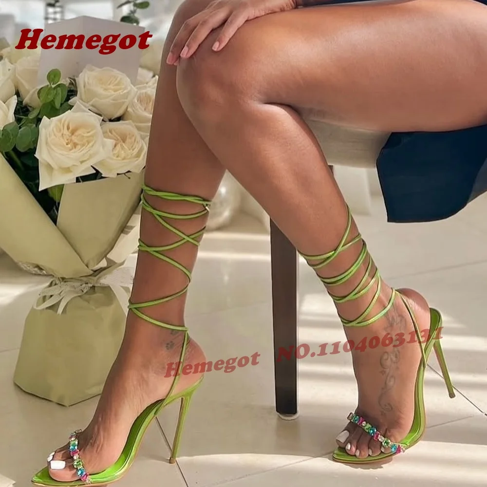 

Зеленые босоножки с кристаллами, на шпильке, с острым носком, на шнуровке, женские, с ремешком сзади, летние, элегантные туфли, новинка 2026