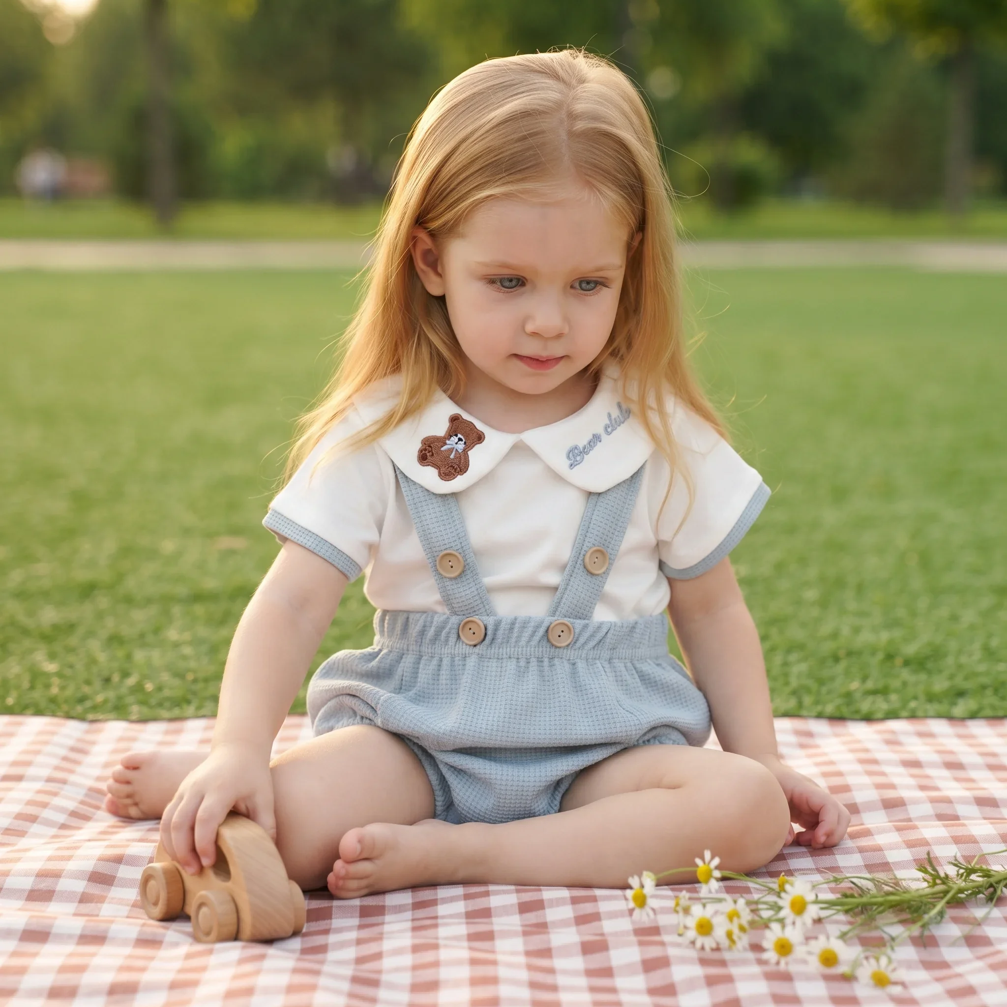 Niedlicher Strampler mit Bären-Stickerei für Kleinkinder, kurzärmeliges Revers-Oberteil + Hosenträger-Shorts, Sommer-Baby-Outfit, 0–18 Monate