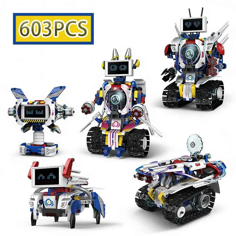 

MOC 603PCS 5 in 1 Electric RC Intelligent Screen LED Rabbit Robot Rocket Car Mechanical Dog DIY Building Block Children's Toy