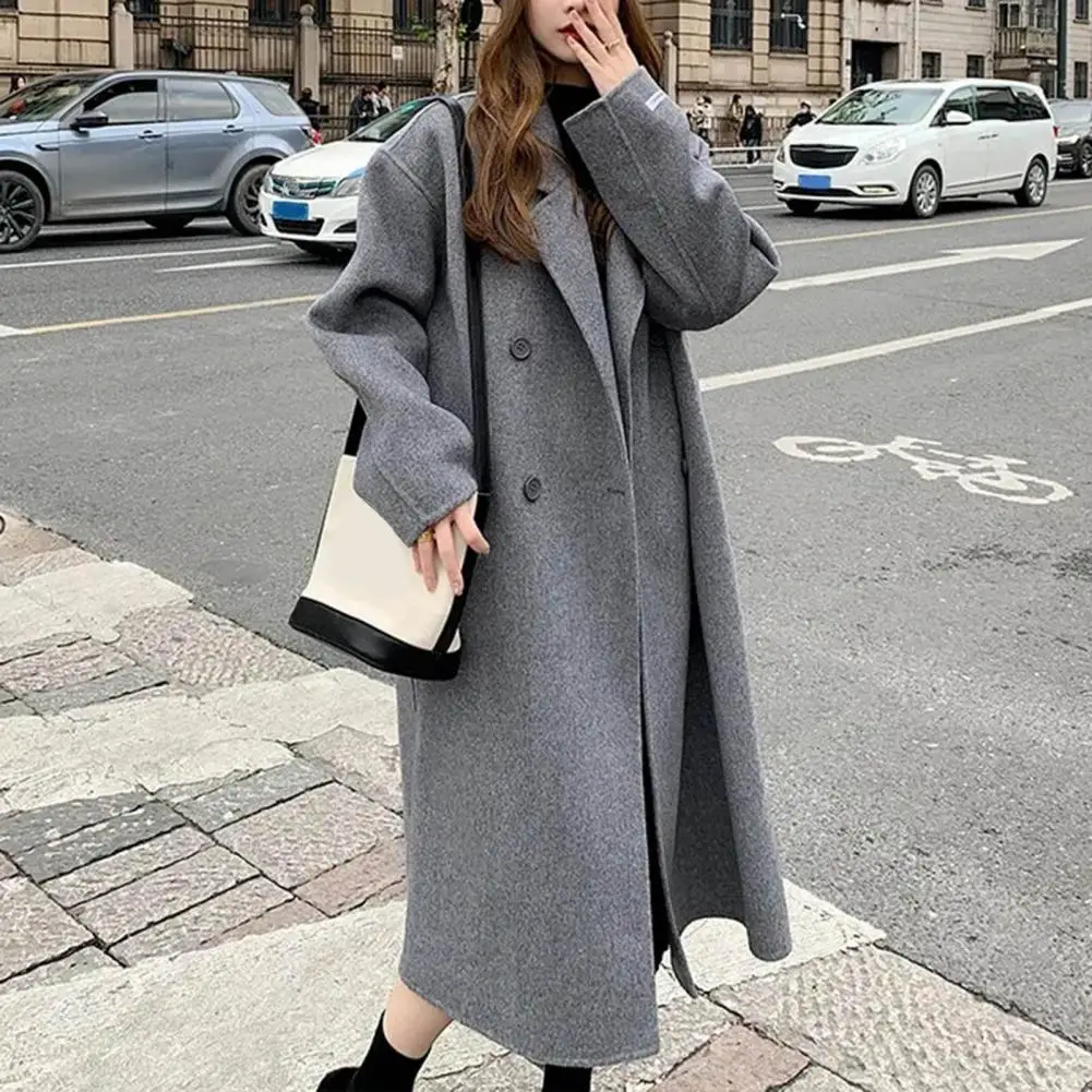 Women Double-Breasted Wool Cashmere Coat Fashion Long Turn-down Collar Belt Woolen Coats Lady Loose Tweed Jacket Autumn Winter