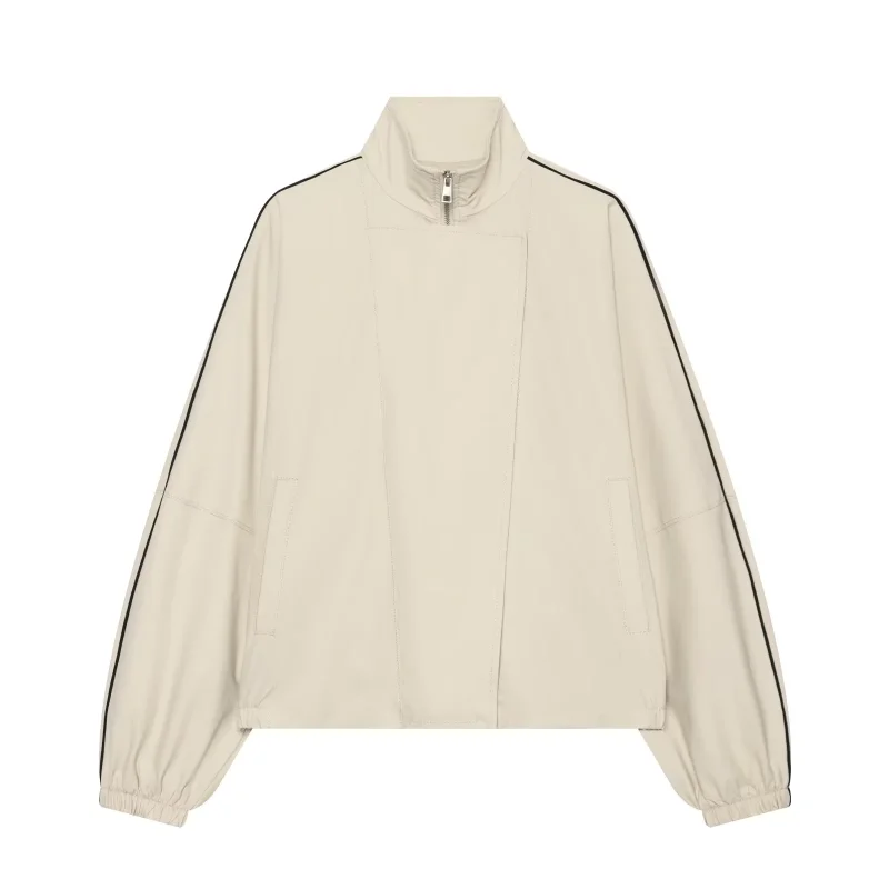 2026 Herbst Neue Damen Gestreifte Jacke im Designer-Stil mit Stehkragen, Langarm, Elastisch, Lässig, Schick, Minimalistisch, Oberbekleidung – Detail 7