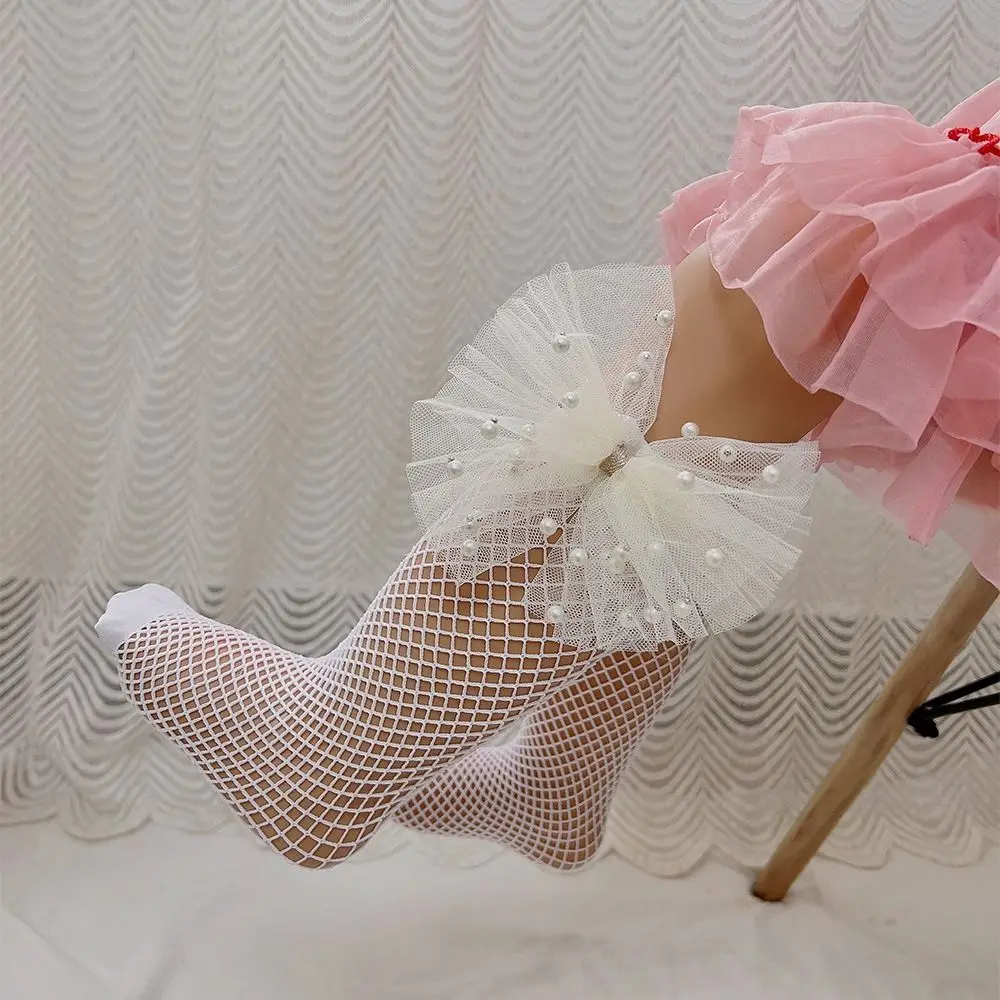 Korean Style Pearl Bow Stockings Kids Toddler Princess Lace Fishnet Calf Socks Hollow Out Breathable Over Knee Socks