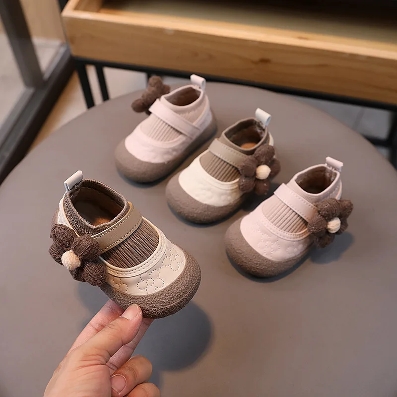 

Girls Spring Autumn Flower Single Shoes Childrens Warm Velcro Princess Shoes Woman Toddler Flying Knitted Non Slip Toddler Shoes