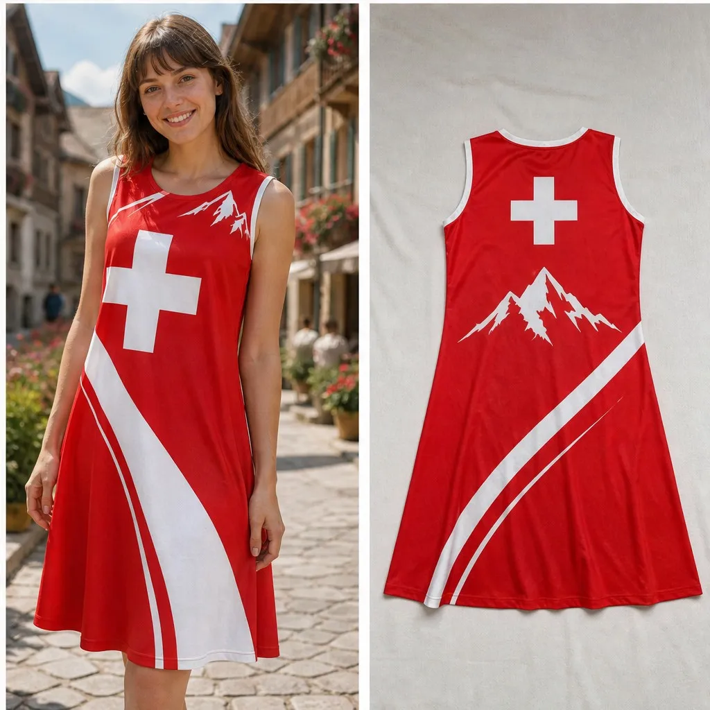

Womens Sleeveless Loose Dress Swiss Cross Mountain Curve Print A Line Tank Dress For Alpine Travel Daily Casual Comfort Easy Fit