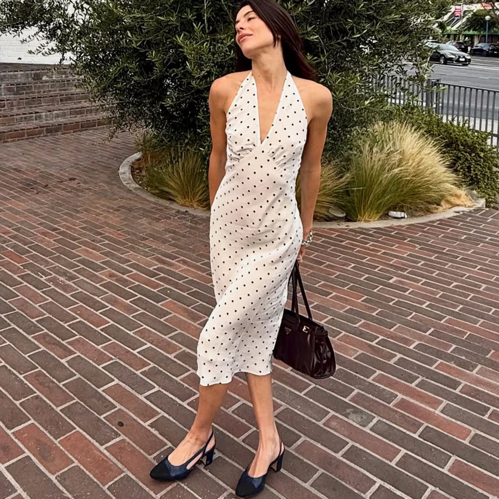 Tuularose Polka Dot Hanging Neck Long Dress Women Elegant Strapless Sexy Lace-u… - Image 4